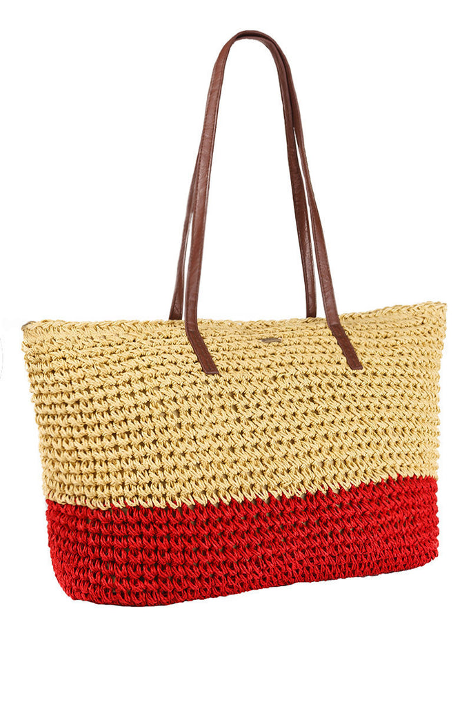 BIKINI.COM Crochet Tote in Tan & Red Accessories | Crochet Tote in Tan & Red
